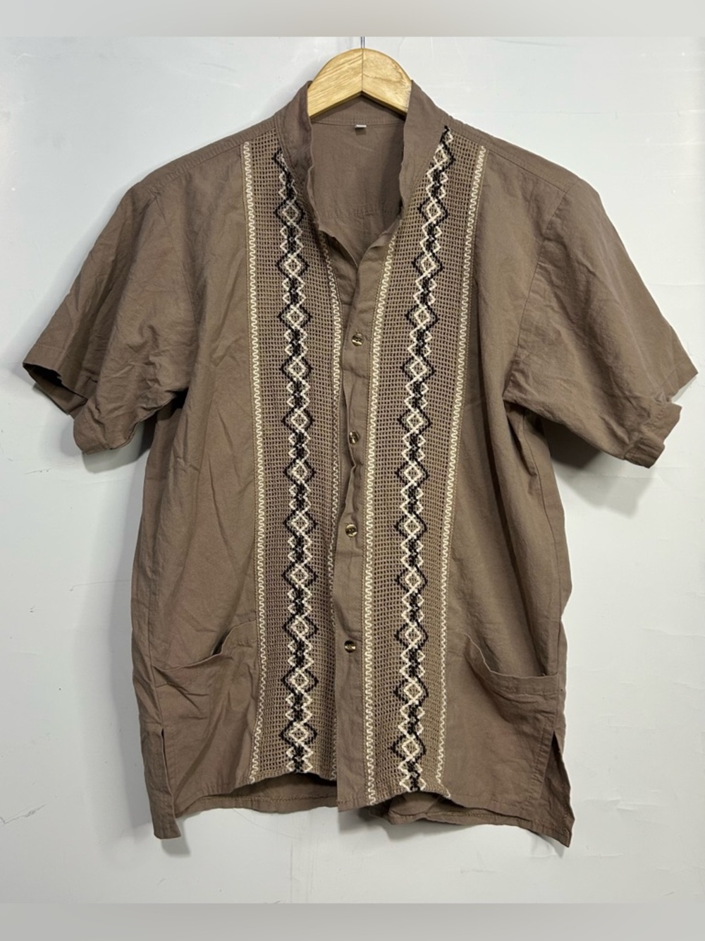 Embroidered Tan Button Front Blouse Medium